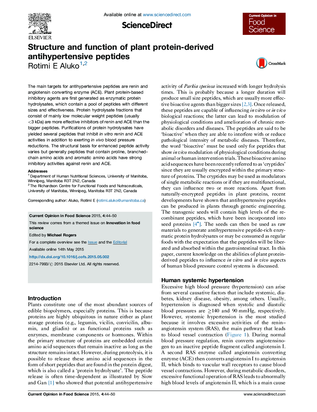 Structure and function of plant protein-derived antihypertensive peptides