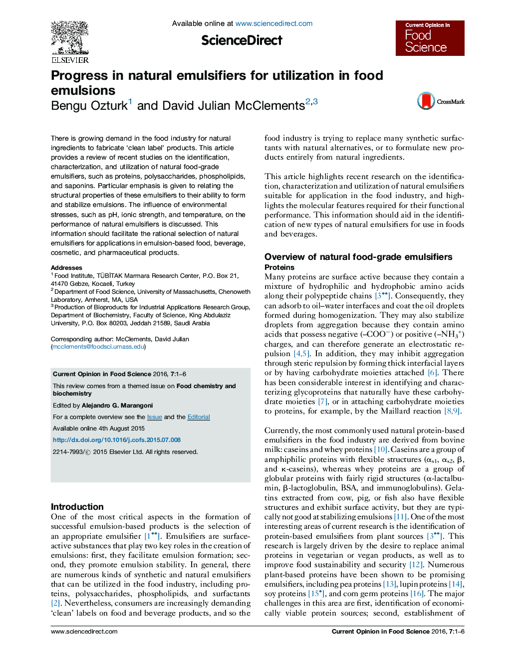 Progress in natural emulsifiers for utilization in food emulsions