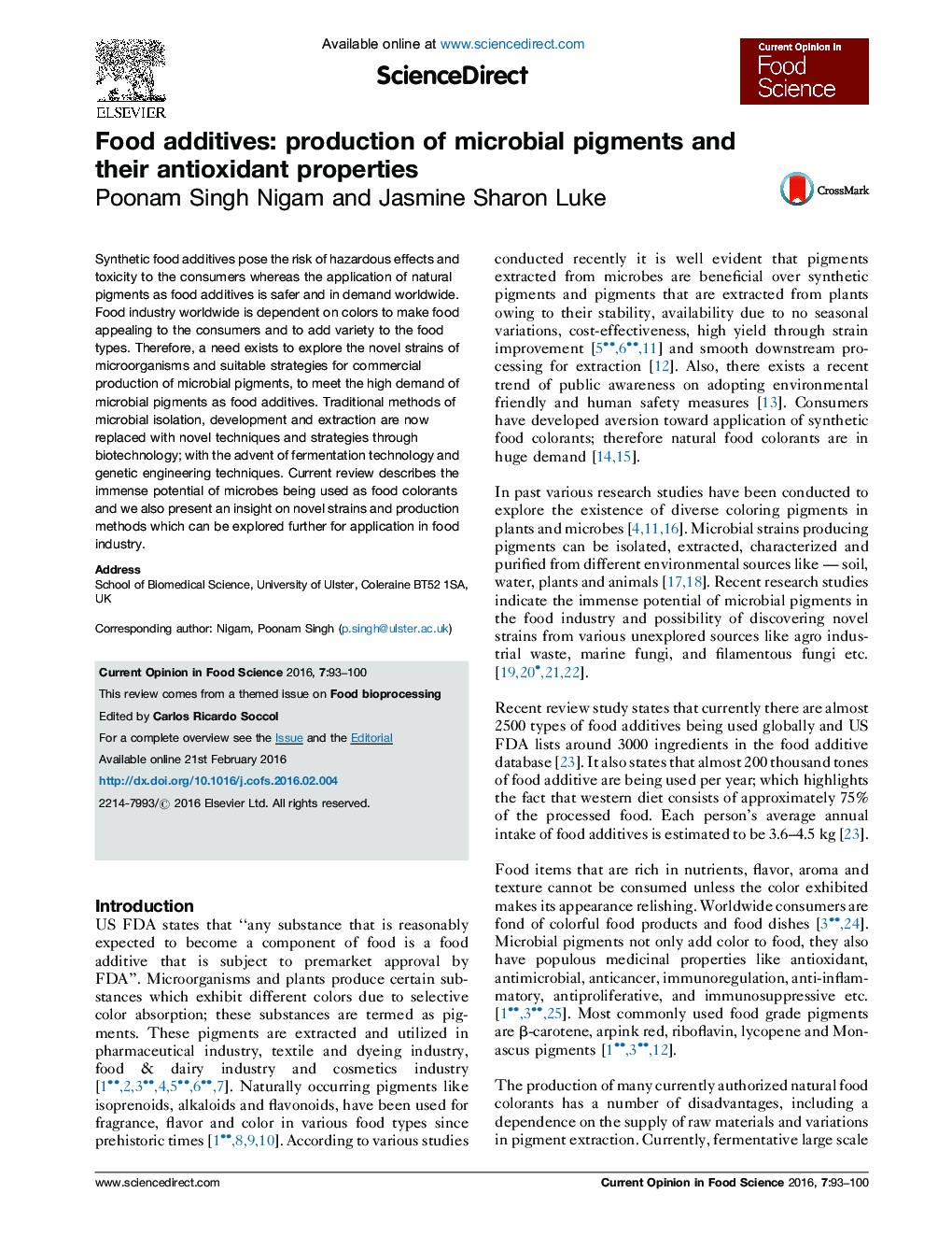 Food additives: production of microbial pigments and their antioxidant properties
