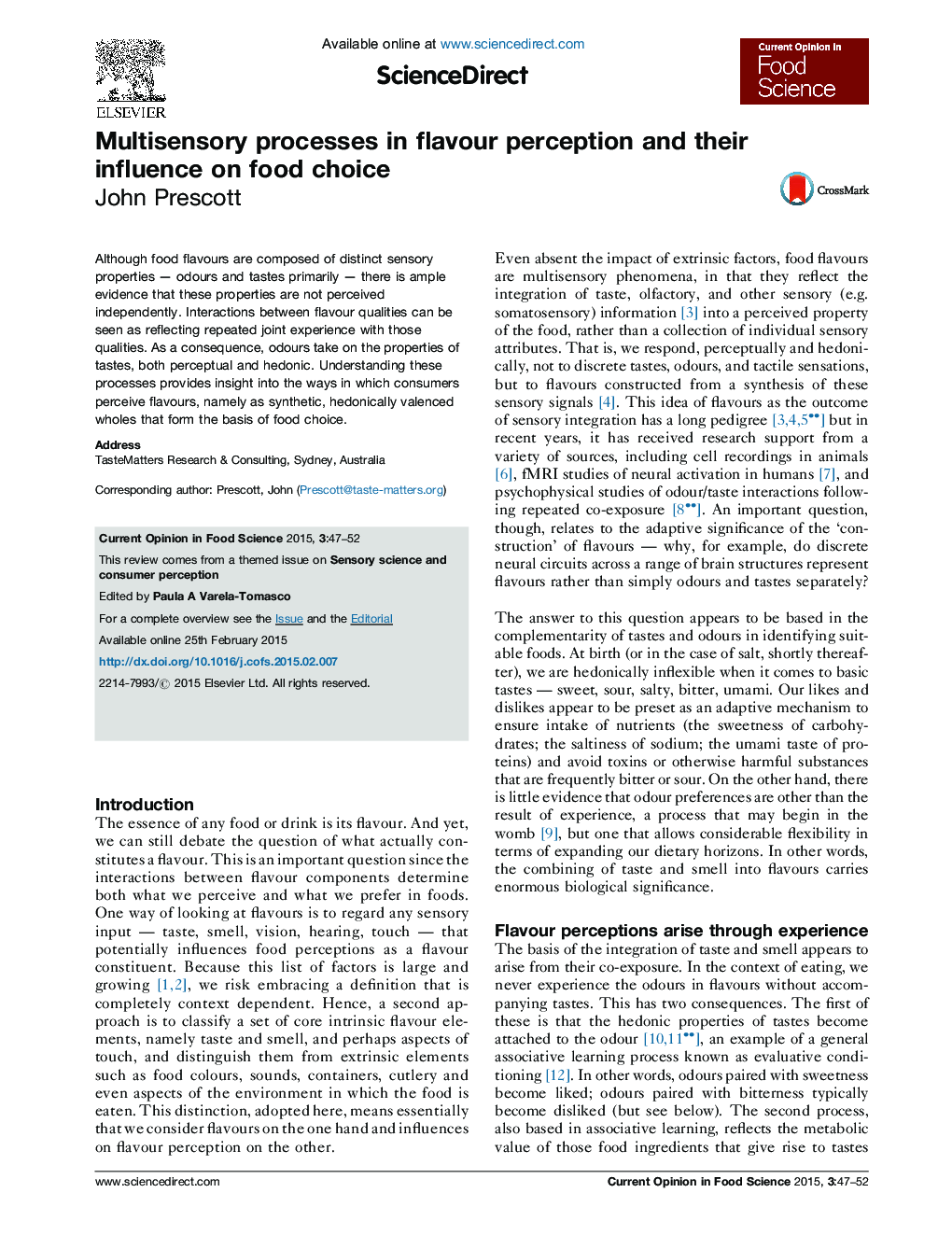 Multisensory processes in flavour perception and their influence on food choice