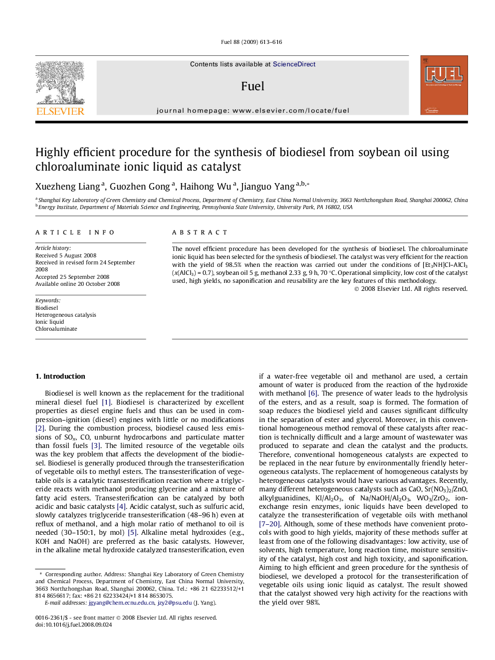 Highly efficient procedure for the synthesis of biodiesel from soybean oil using chloroaluminate ionic liquid as catalyst