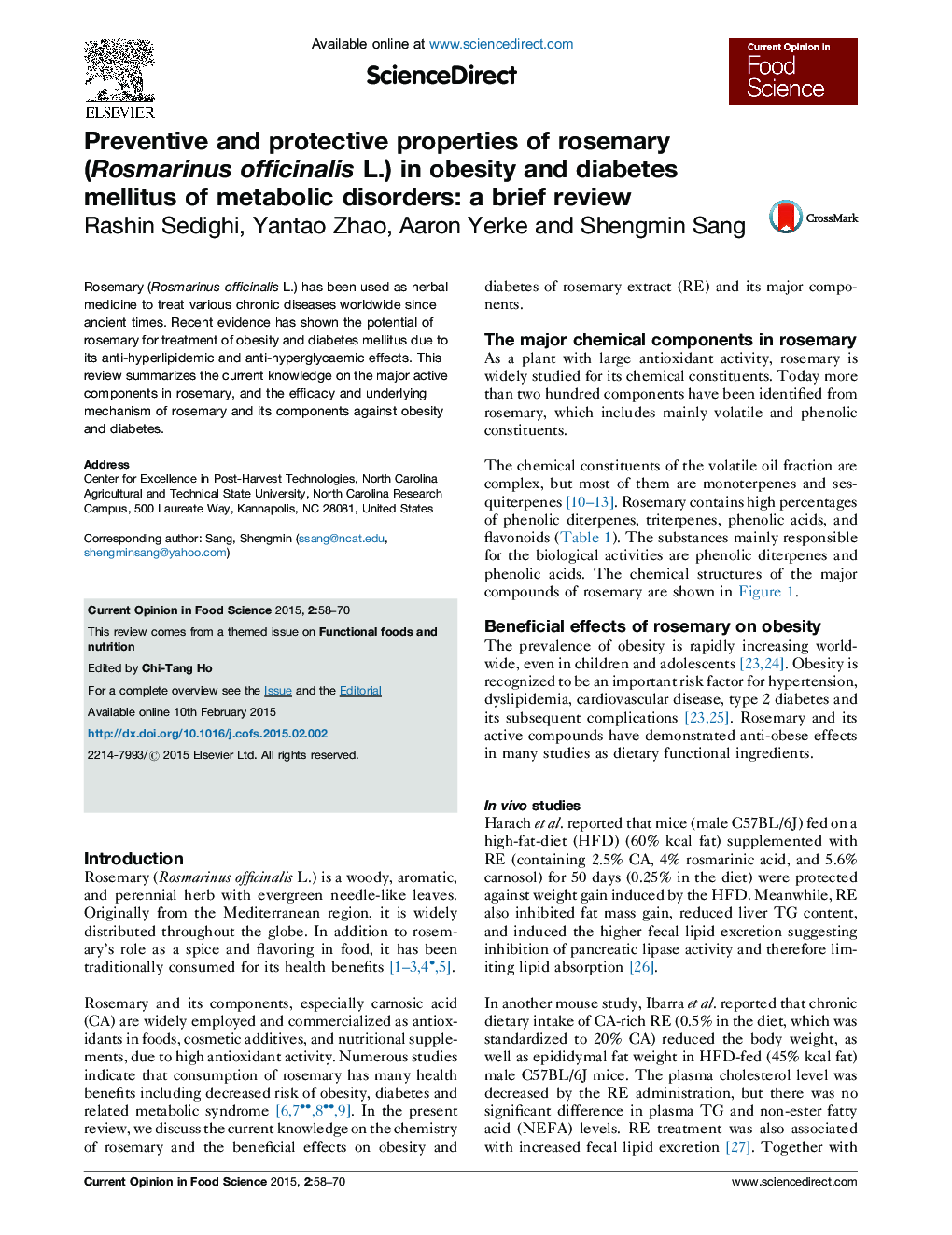 Preventive and protective properties of rosemary (Rosmarinus officinalis L.) in obesity and diabetes mellitus of metabolic disorders: a brief review