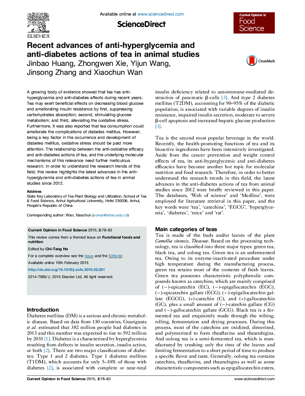 Recent advances of anti-hyperglycemia and anti-diabetes actions of tea in animal studies