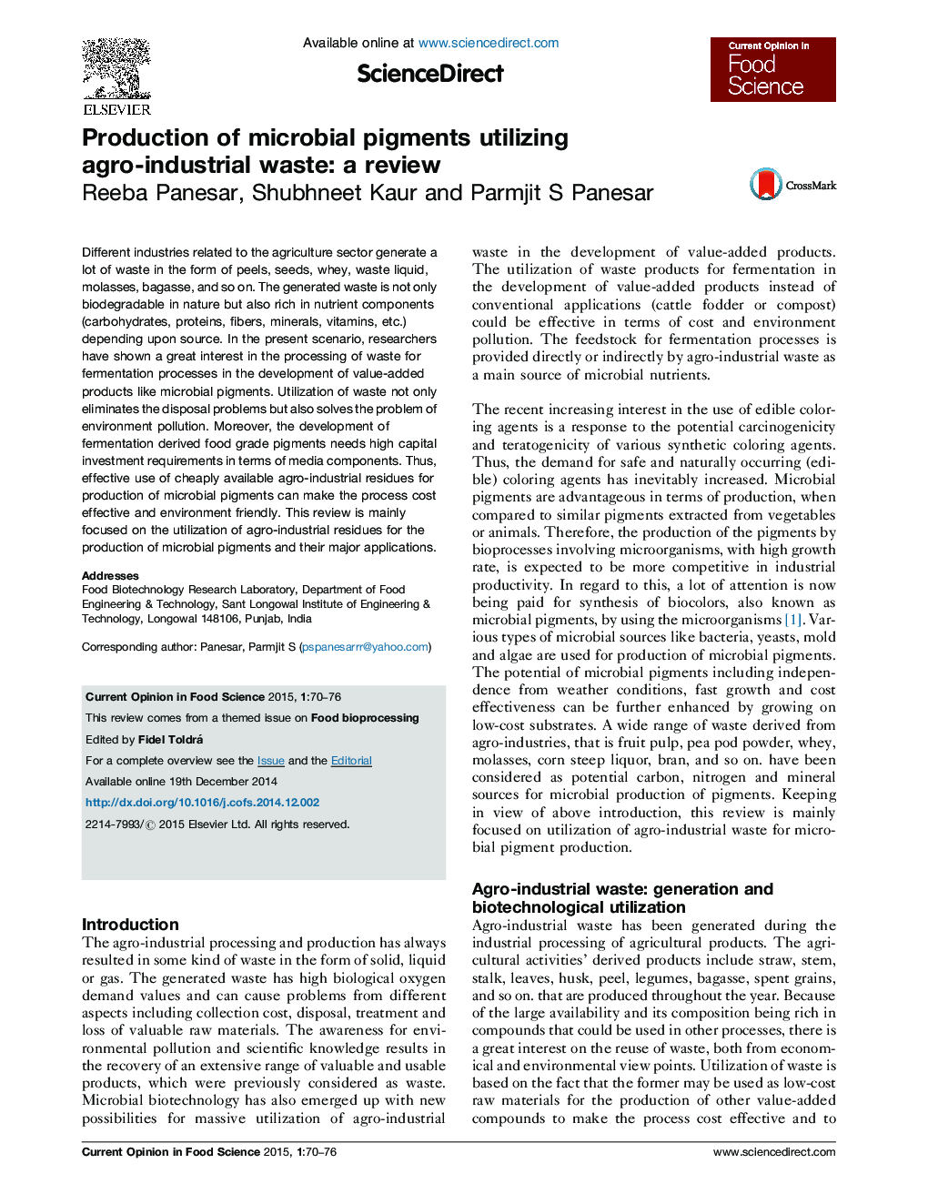 Production of microbial pigments utilizing agro-industrial waste: a review