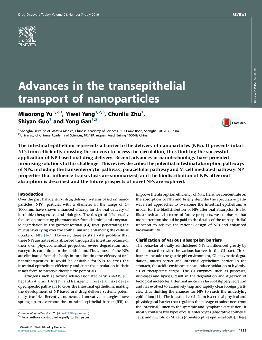 عکس صفحه اول مقاله: Advances in the transepithelial transport of nanoparticles Advances in the transepithelial transport of nanoparticles