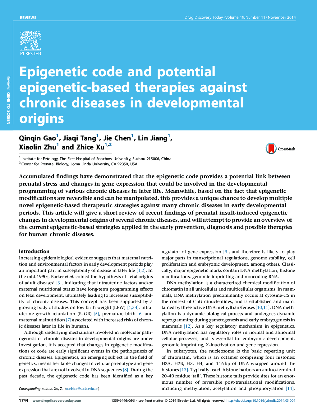 Epigenetic code and potential epigenetic-based therapies against chronic diseases in developmental origins