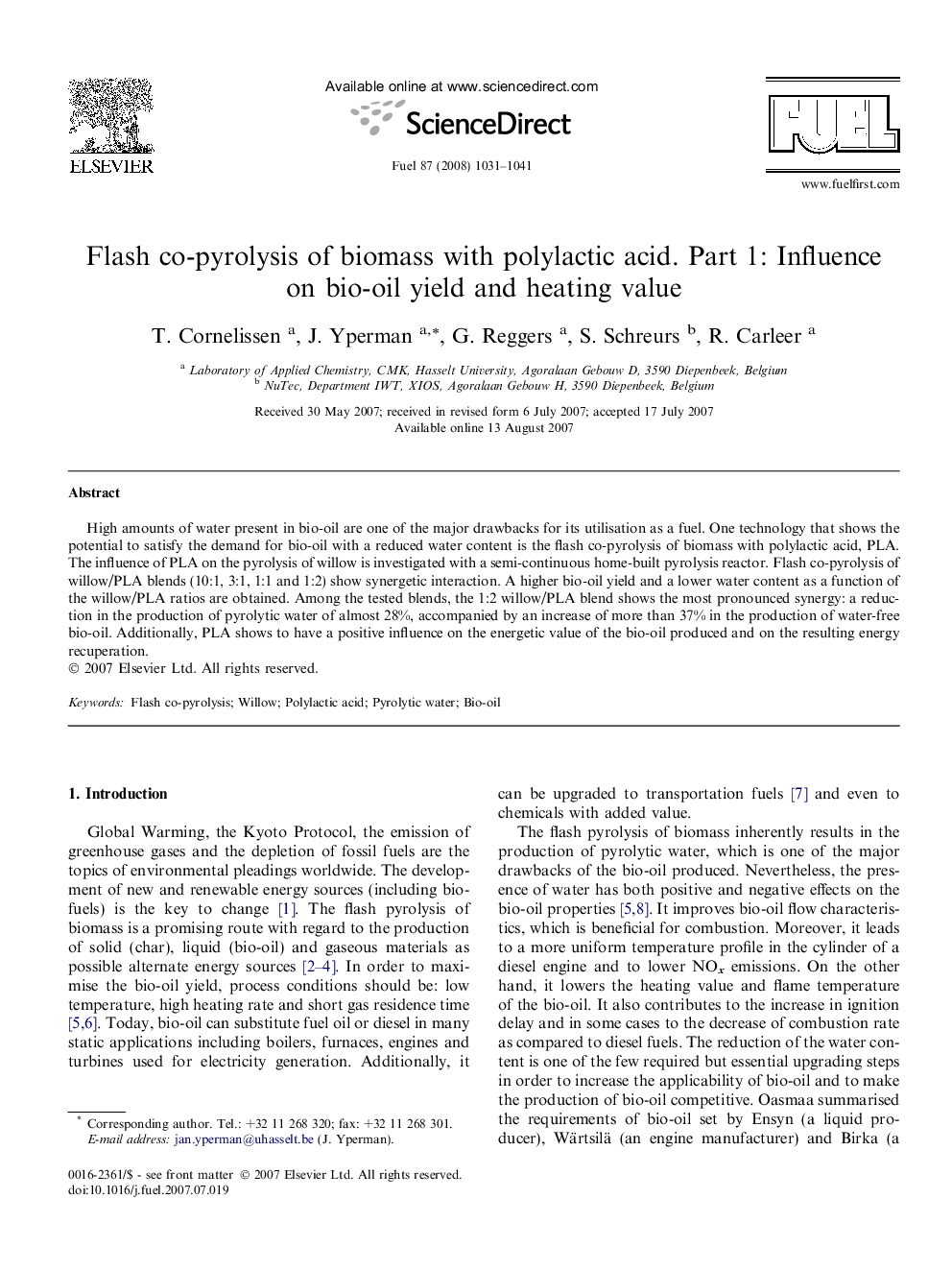 Flash co-pyrolysis of biomass with polylactic acid. Part 1: Influence on bio-oil yield and heating value