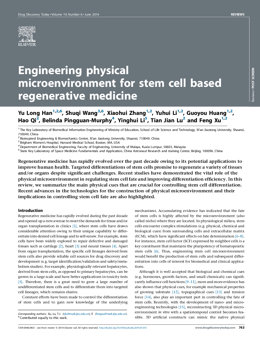 Engineering physical microenvironment for stem cell based regenerative medicine