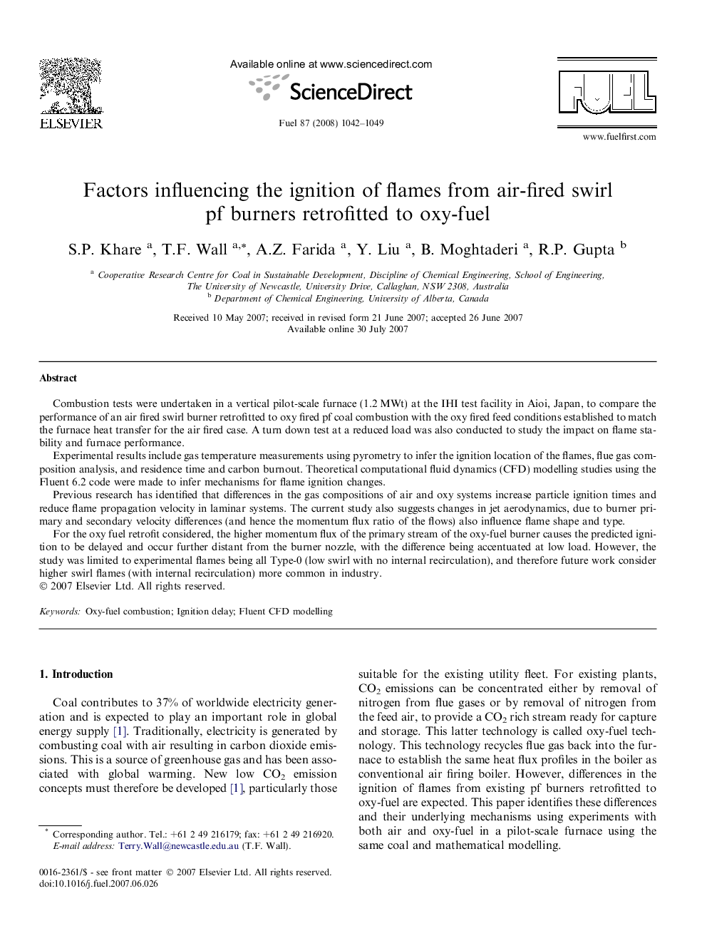 Factors influencing the ignition of flames from air-fired swirl pf burners retrofitted to oxy-fuel