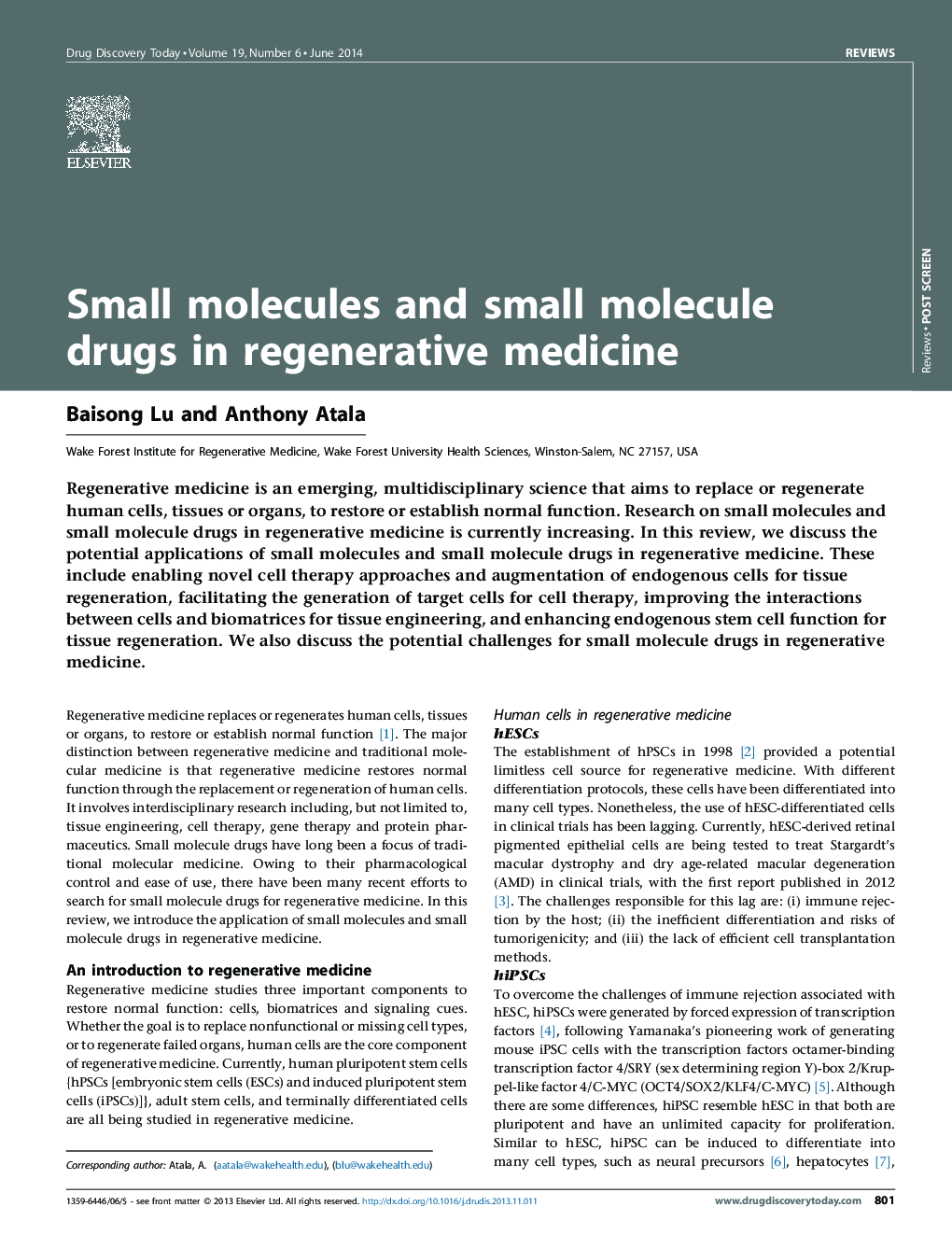 Small molecules and small molecule drugs in regenerative medicine