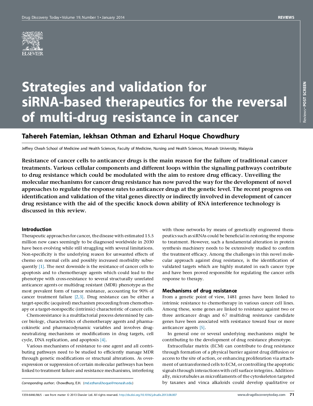 Strategies and validation for siRNA-based therapeutics for the reversal of multi-drug resistance in cancer