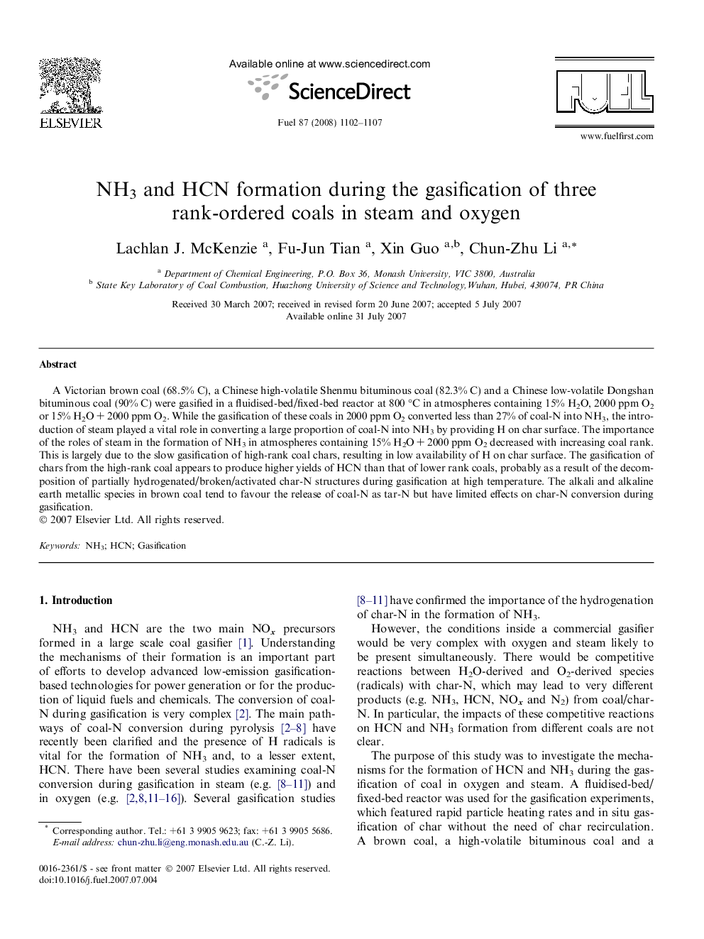 NH3 and HCN formation during the gasification of three rank-ordered coals in steam and oxygen