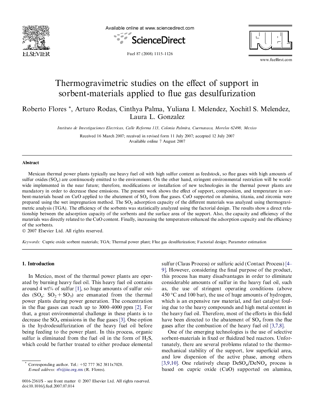 Thermogravimetric studies on the effect of support in sorbent-materials applied to flue gas desulfurization