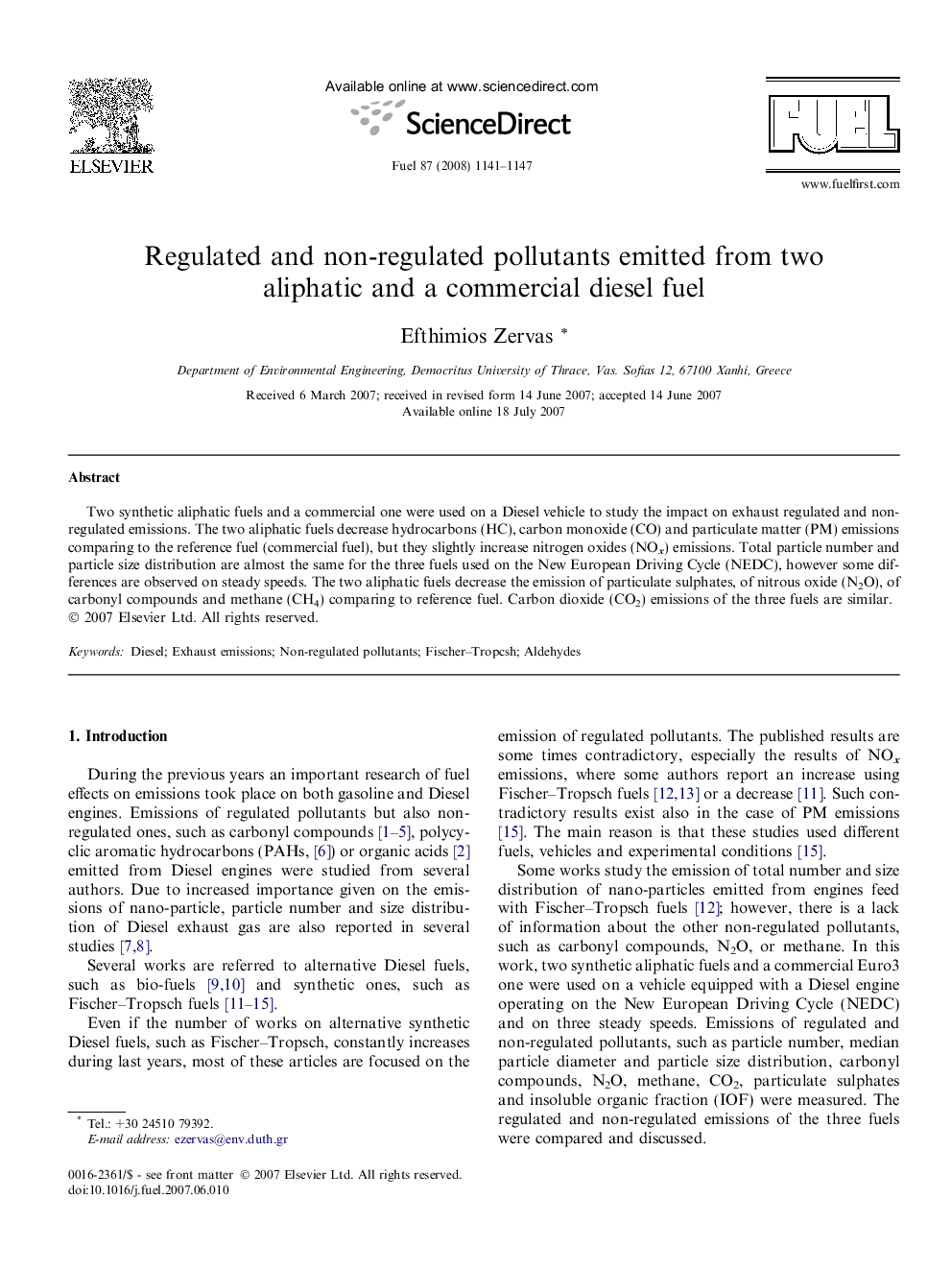 Regulated and non-regulated pollutants emitted from two aliphatic and a commercial diesel fuel