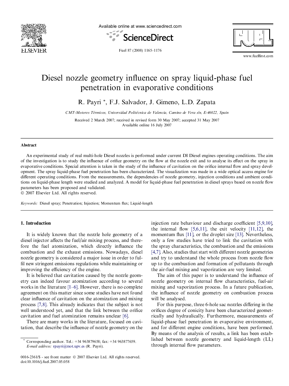 Diesel nozzle geometry influence on spray liquid-phase fuel penetration in evaporative conditions