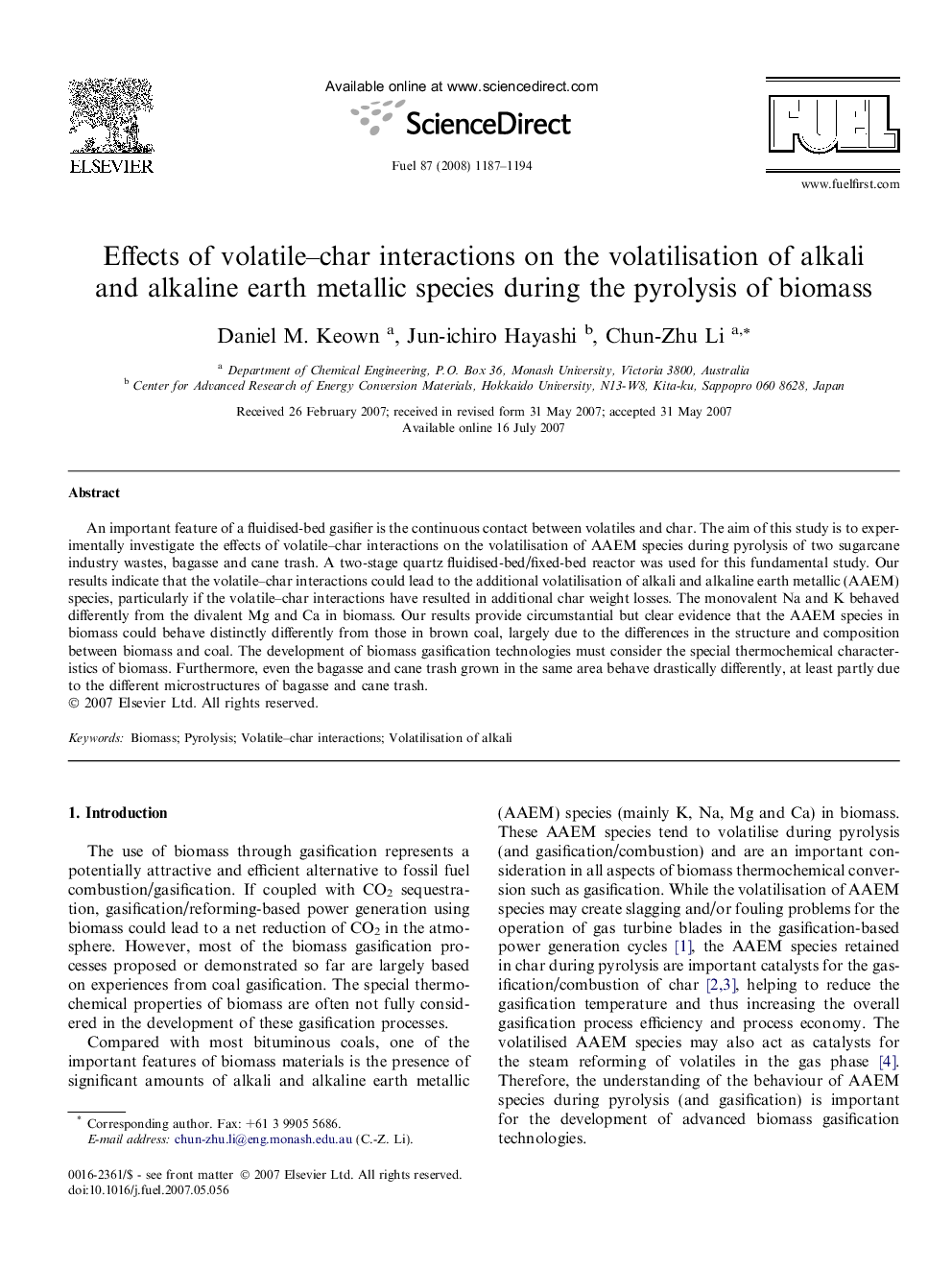 Effects of volatile–char interactions on the volatilisation of alkali and alkaline earth metallic species during the pyrolysis of biomass