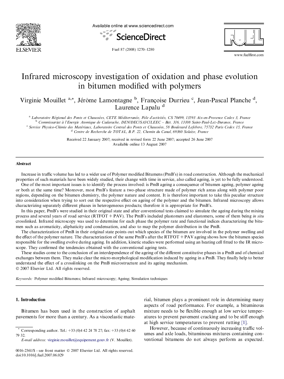 Infrared microscopy investigation of oxidation and phase evolution in bitumen modified with polymers