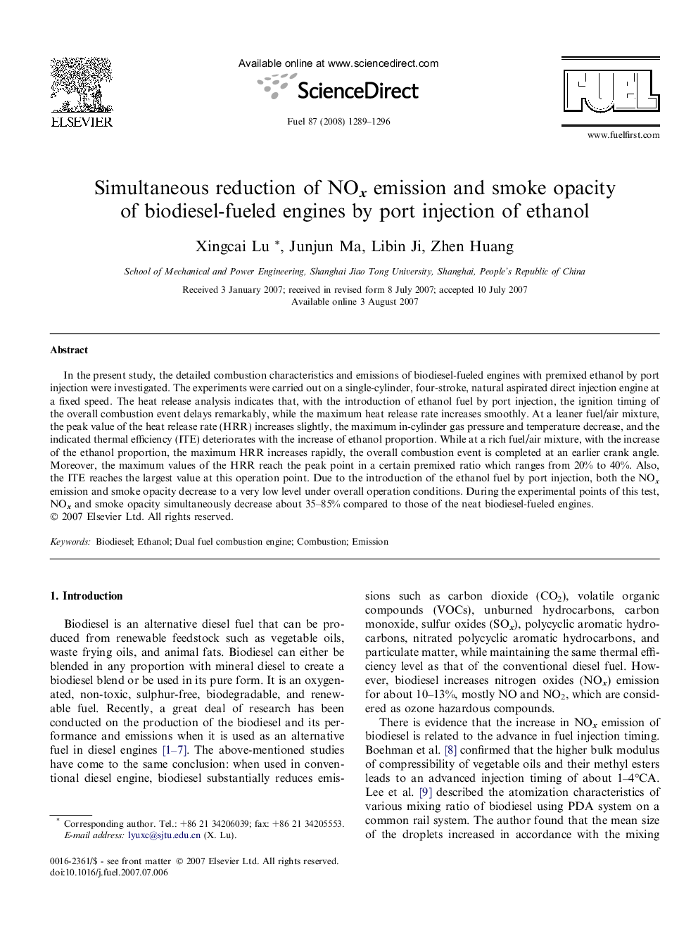 Simultaneous reduction of NOx emission and smoke opacity of biodiesel-fueled engines by port injection of ethanol