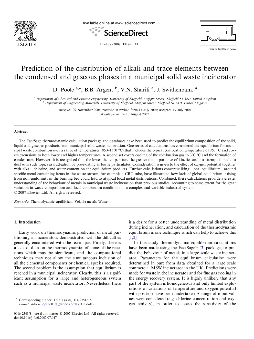 Prediction of the distribution of alkali and trace elements between the condensed and gaseous phases in a municipal solid waste incinerator