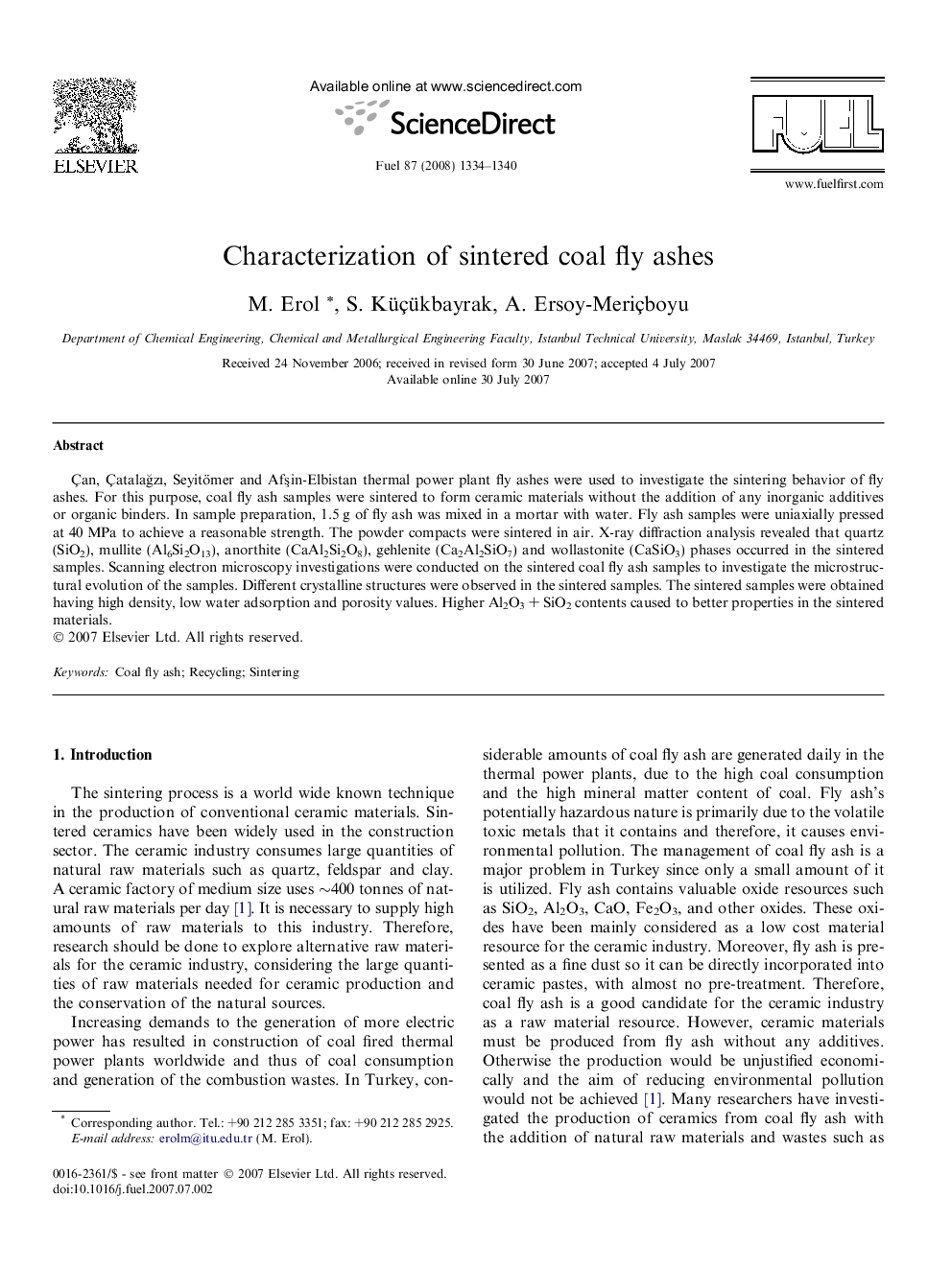 Characterization of sintered coal fly ashes