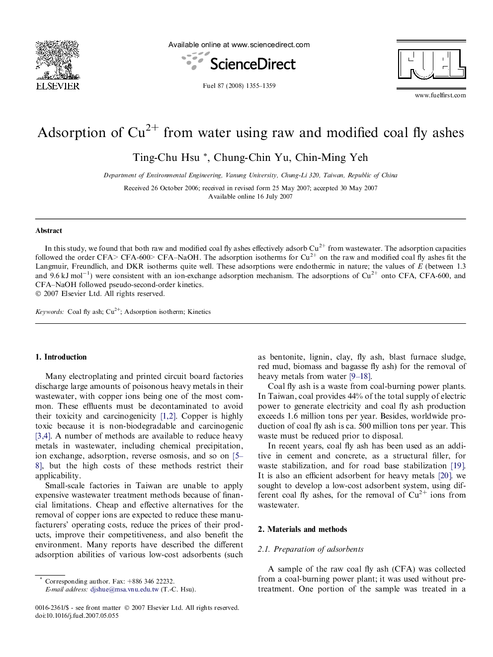 Adsorption of Cu2+ from water using raw and modified coal fly ashes