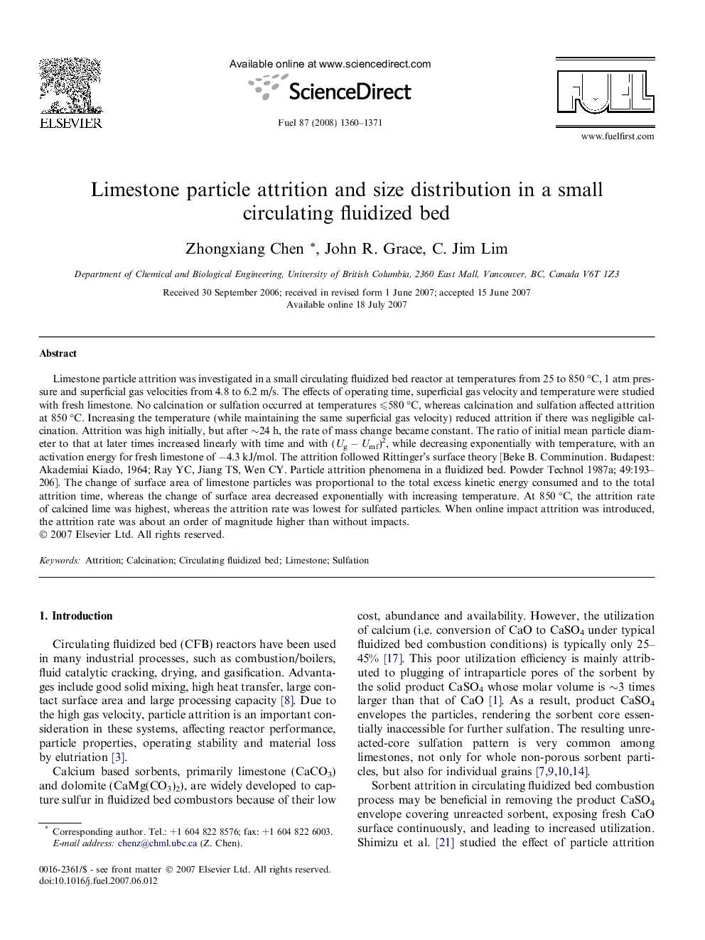 Limestone particle attrition and size distribution in a small circulating fluidized bed