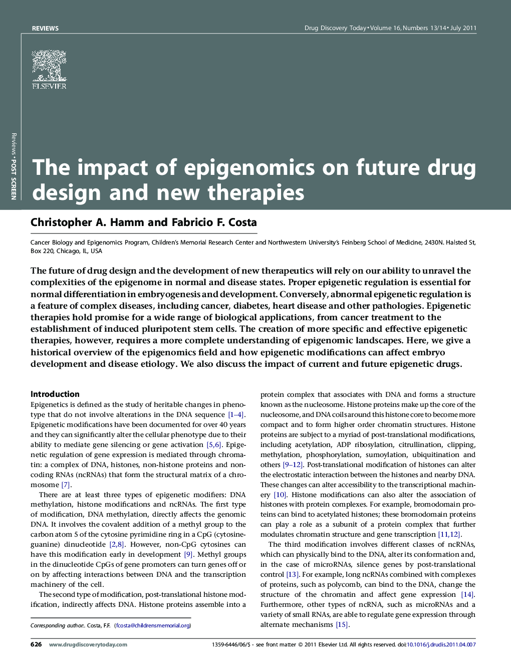 The impact of epigenomics on future drug design and new therapies