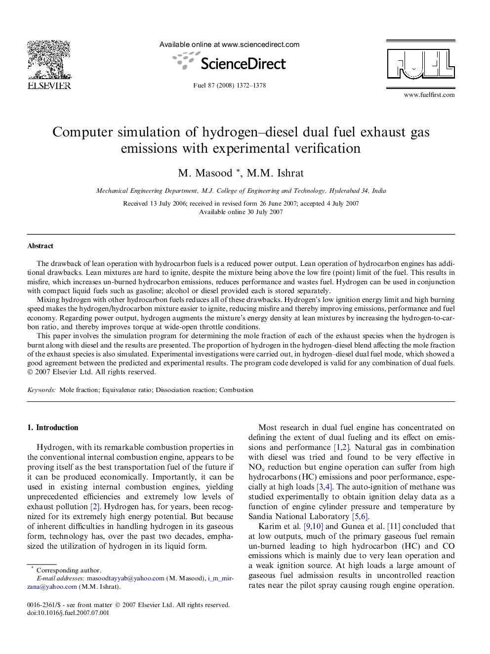 Computer simulation of hydrogen–diesel dual fuel exhaust gas emissions with experimental verification