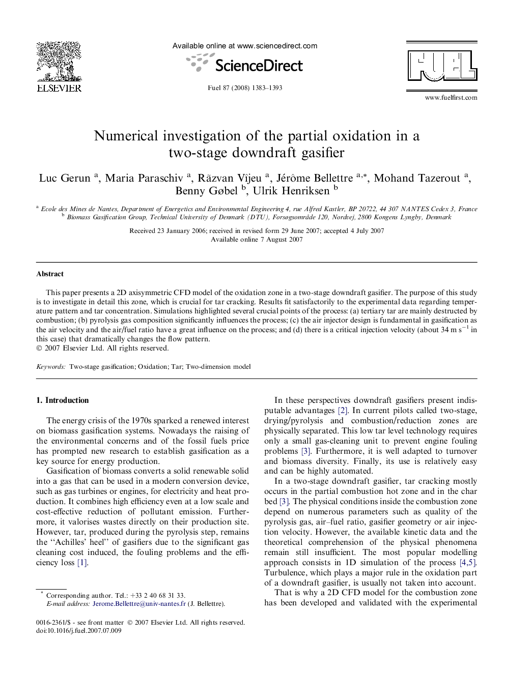 Numerical investigation of the partial oxidation in a two-stage downdraft gasifier