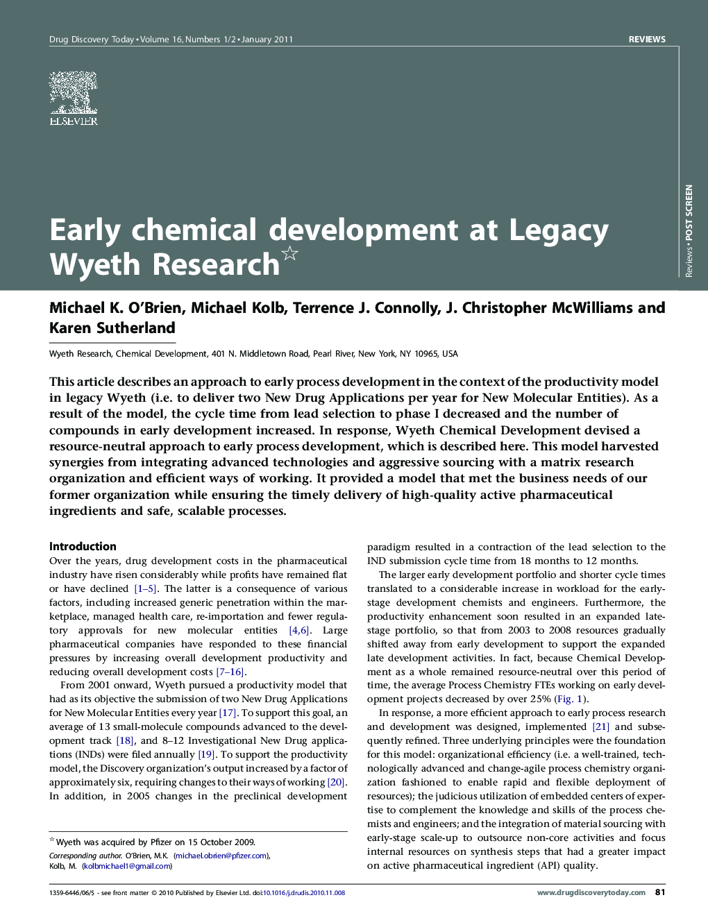عکس صفحه اول مقاله: Early chemical development at Legacy Wyeth Research Early chemical development at Legacy Wyeth Research