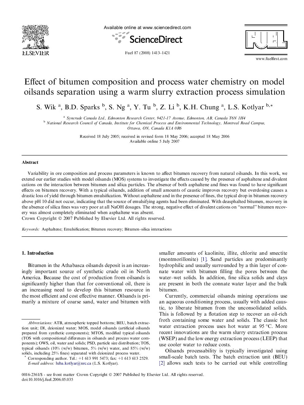 Effect of bitumen composition and process water chemistry on model oilsands separation using a warm slurry extraction process simulation