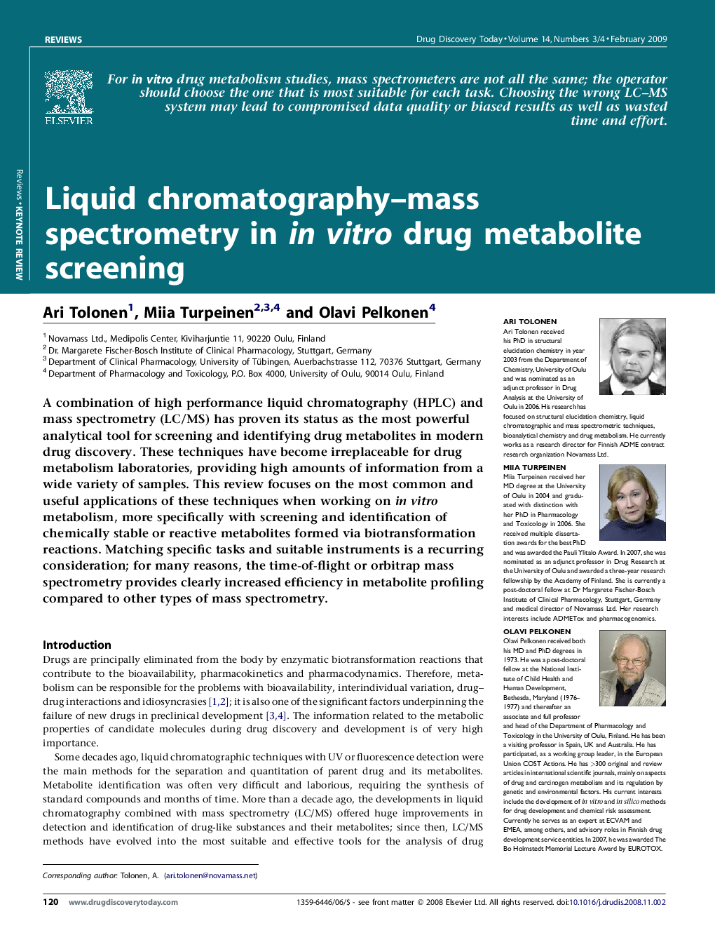 Liquid chromatography–mass spectrometry in in vitro drug metabolite screening