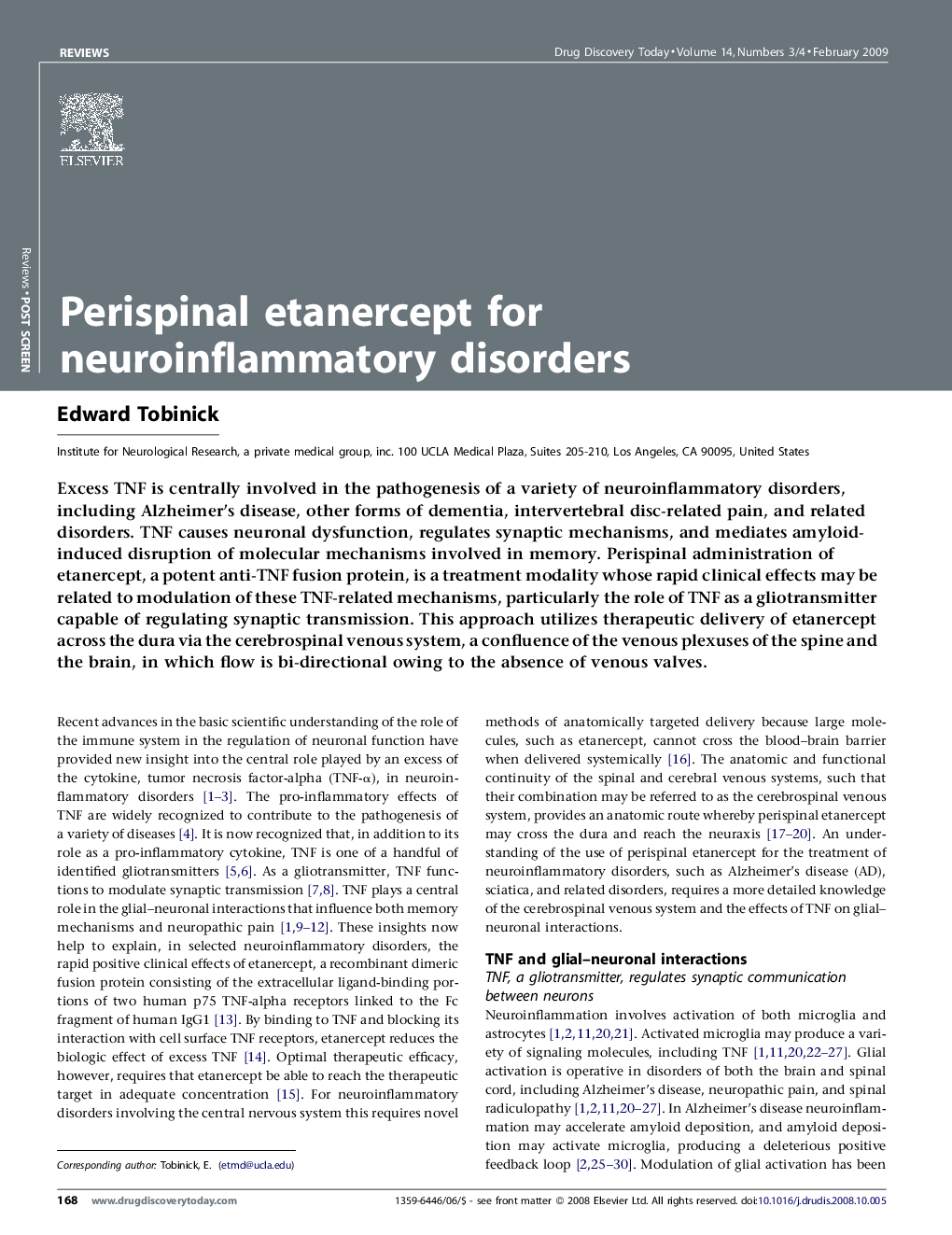 Perispinal etanercept for neuroinflammatory disorders