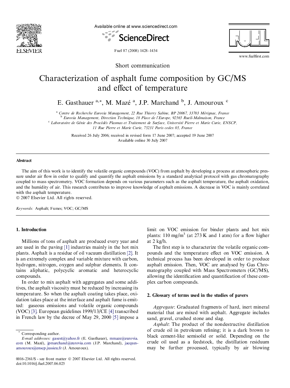 Characterization of asphalt fume composition by GC/MS and effect of temperature