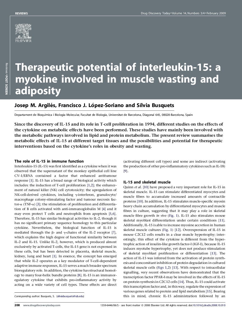 Therapeutic potential of interleukin-15: a myokine involved in muscle wasting and adiposity