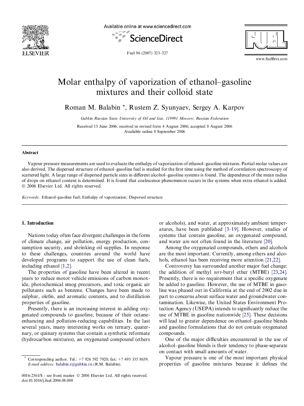 Molar enthalpy of vaporization of ethanol–gasoline mixtures and their colloid state