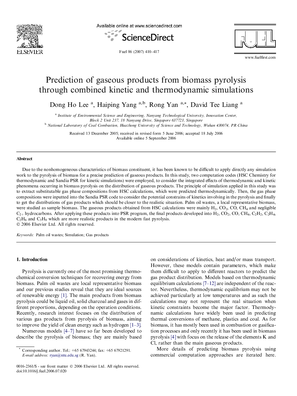 Prediction of gaseous products from biomass pyrolysis through combined kinetic and thermodynamic simulations