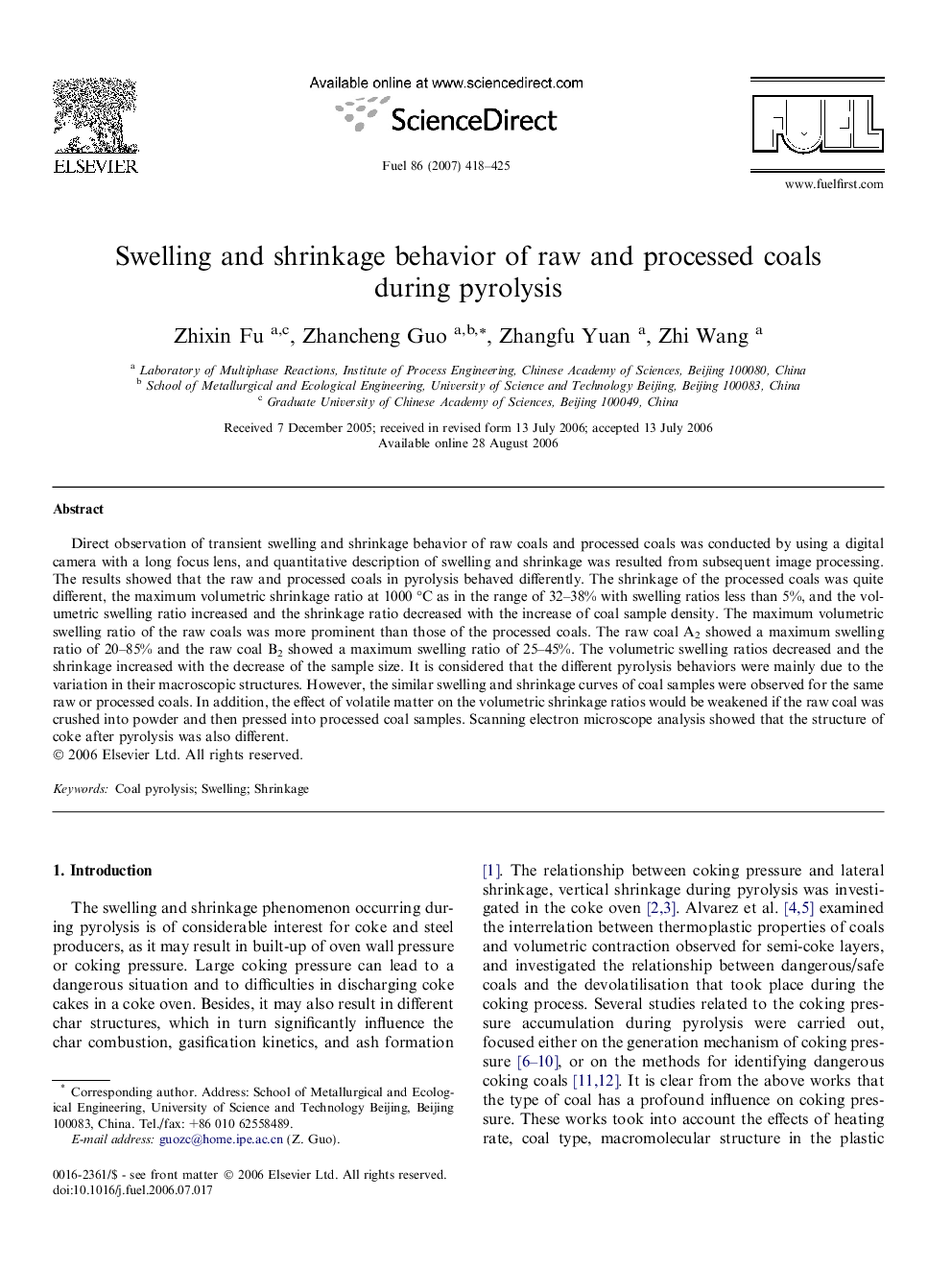 Swelling and shrinkage behavior of raw and processed coals during pyrolysis