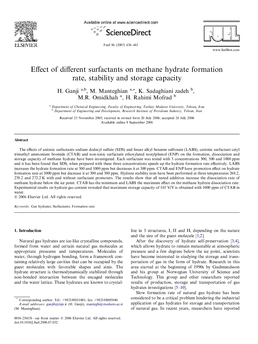 Effect of different surfactants on methane hydrate formation rate, stability and storage capacity