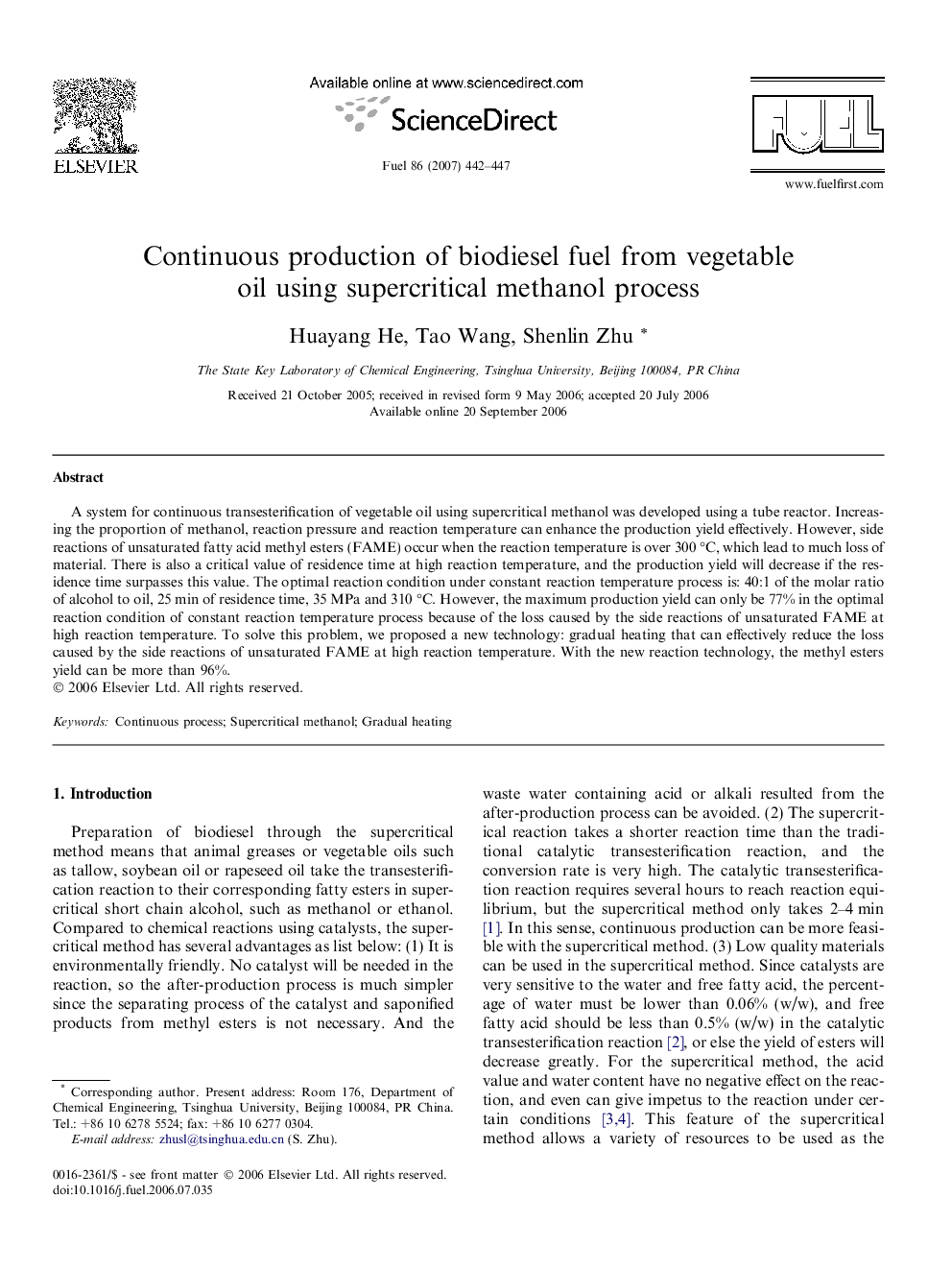 Continuous production of biodiesel fuel from vegetable oil using supercritical methanol process