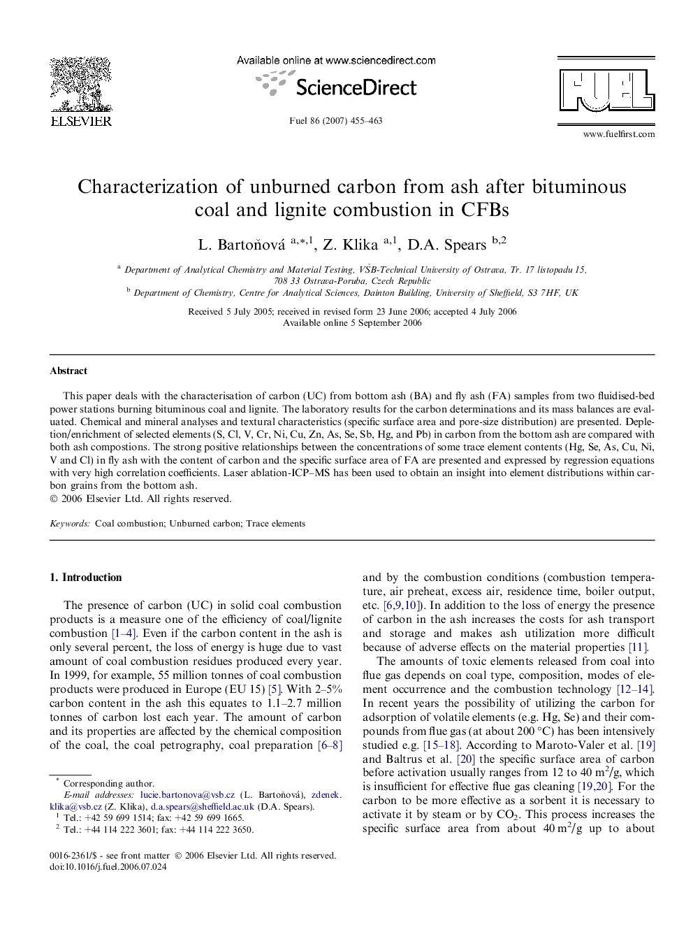 Characterization of unburned carbon from ash after bituminous coal and lignite combustion in CFBs