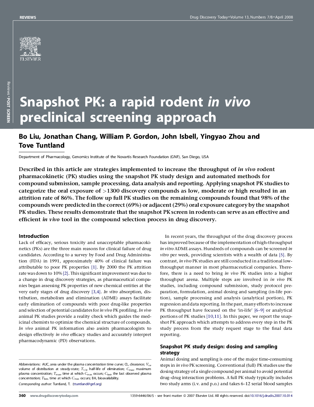 Snapshot PK: a rapid rodent in vivo preclinical screening approach
