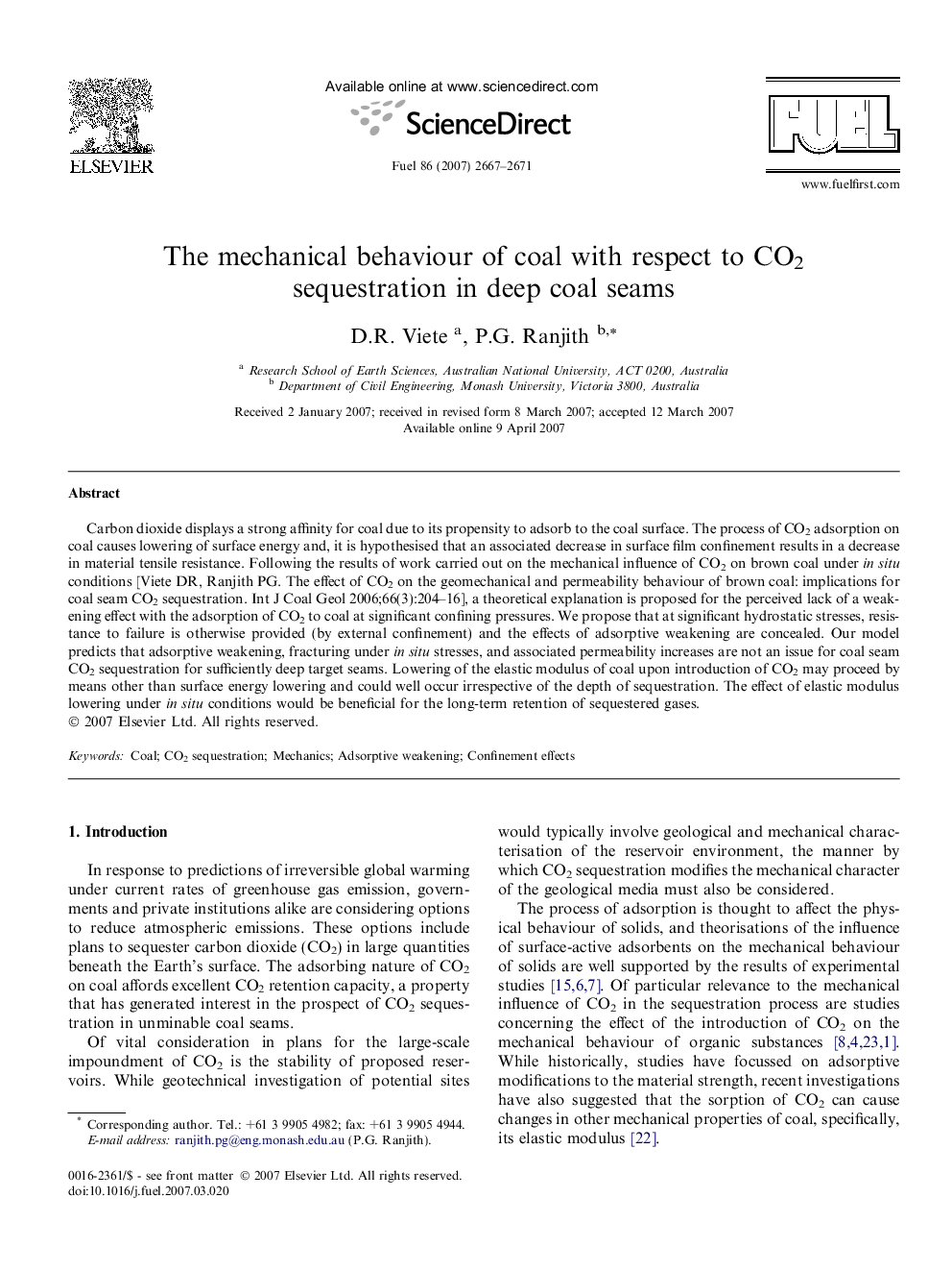 The mechanical behaviour of coal with respect to CO2 sequestration in deep coal seams