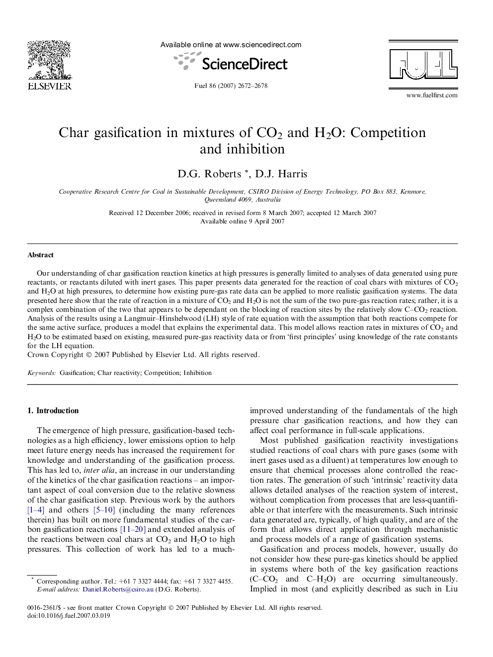 Char gasification in mixtures of CO2 and H2O: Competition and inhibition