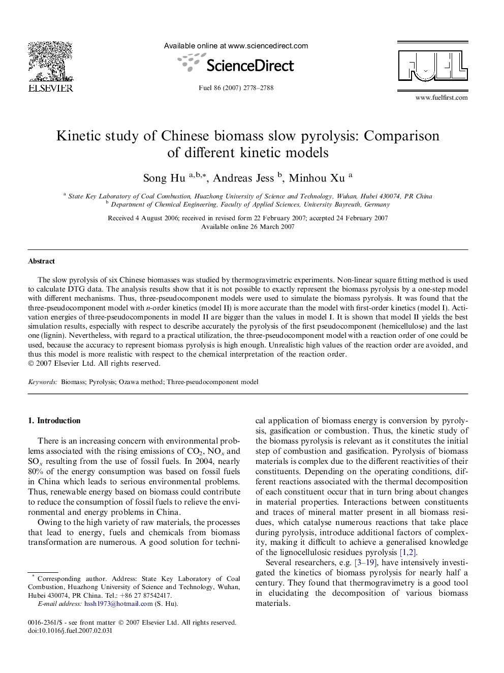 Kinetic study of Chinese biomass slow pyrolysis: Comparison of different kinetic models