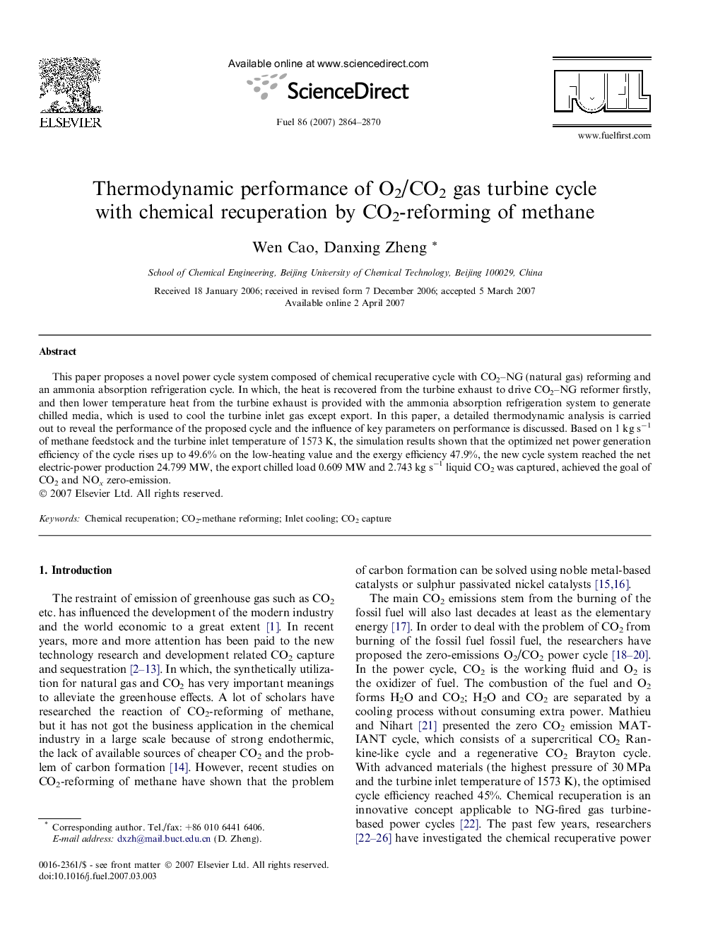 Thermodynamic performance of O2/CO2 gas turbine cycle with chemical recuperation by CO2-reforming of methane