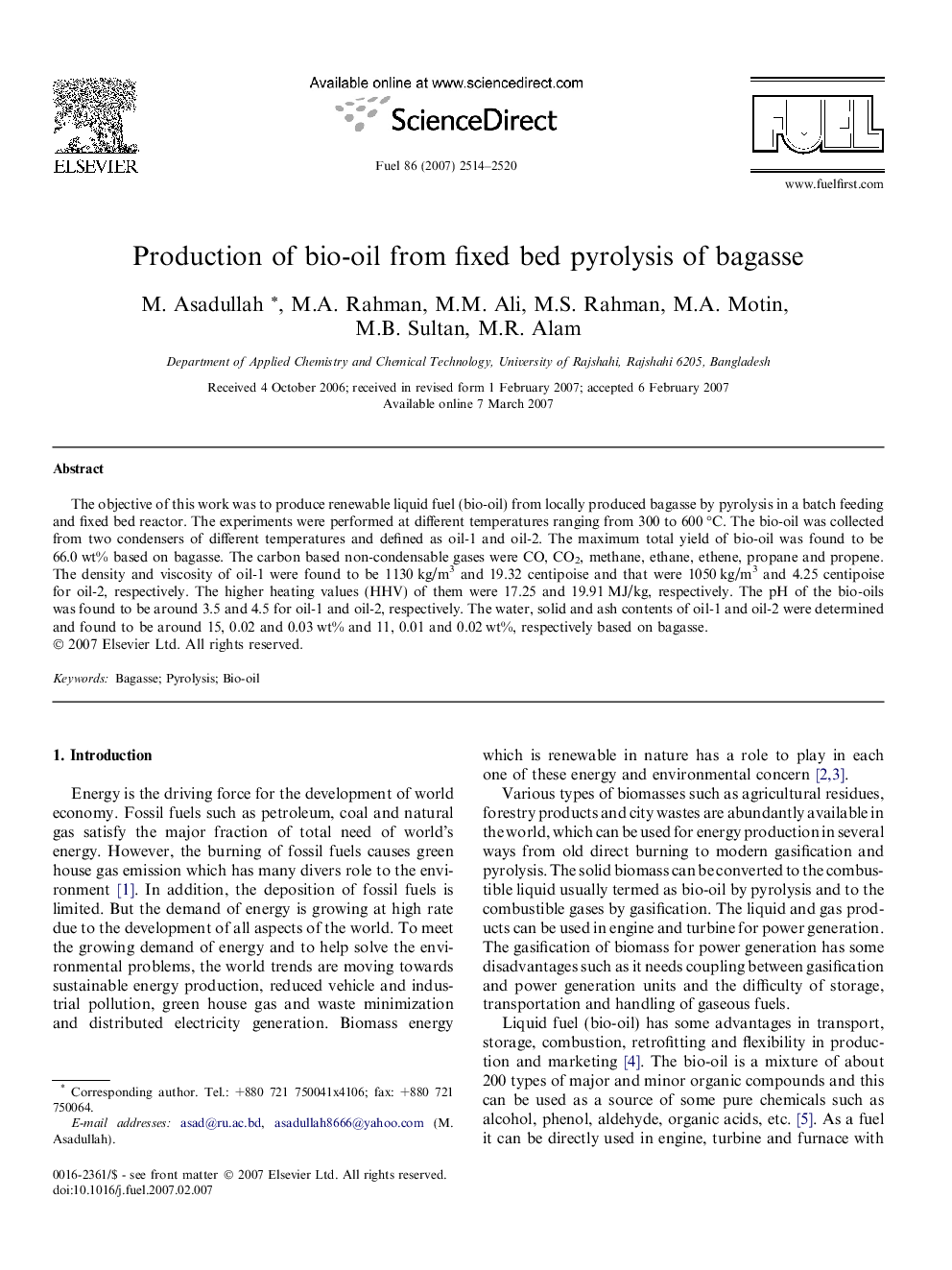 Production of bio-oil from fixed bed pyrolysis of bagasse