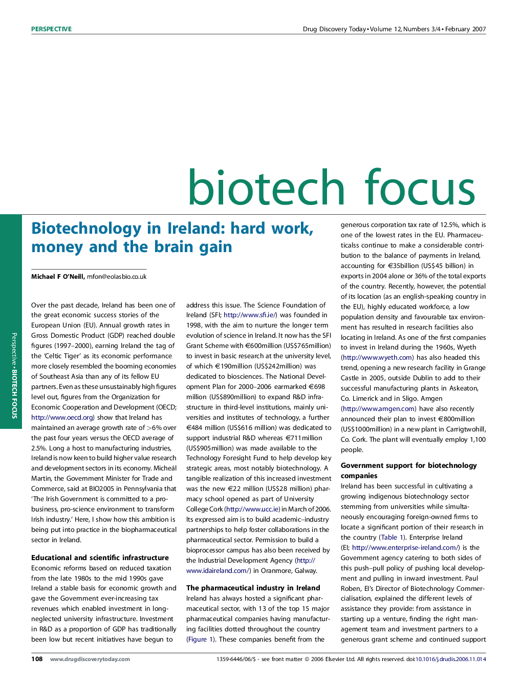 Biotechnology in Ireland: hard work, money and the brain gain