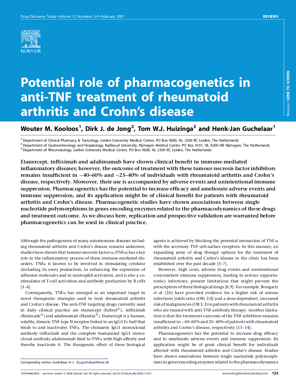 Potential role of pharmacogenetics in anti-TNF treatment of rheumatoid arthritis and Crohn's disease