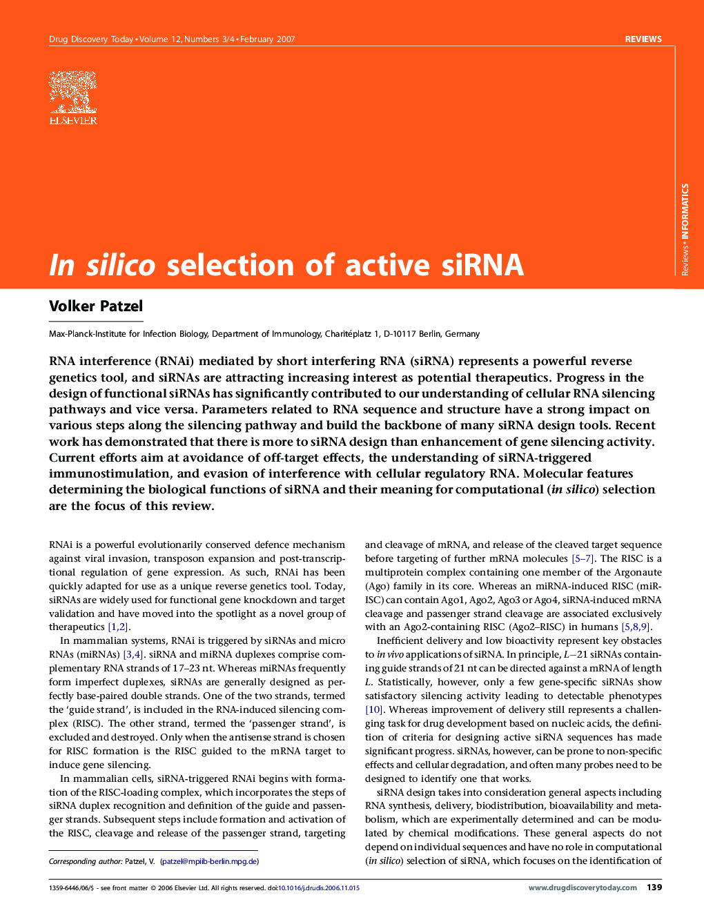 In silico selection of active siRNA
